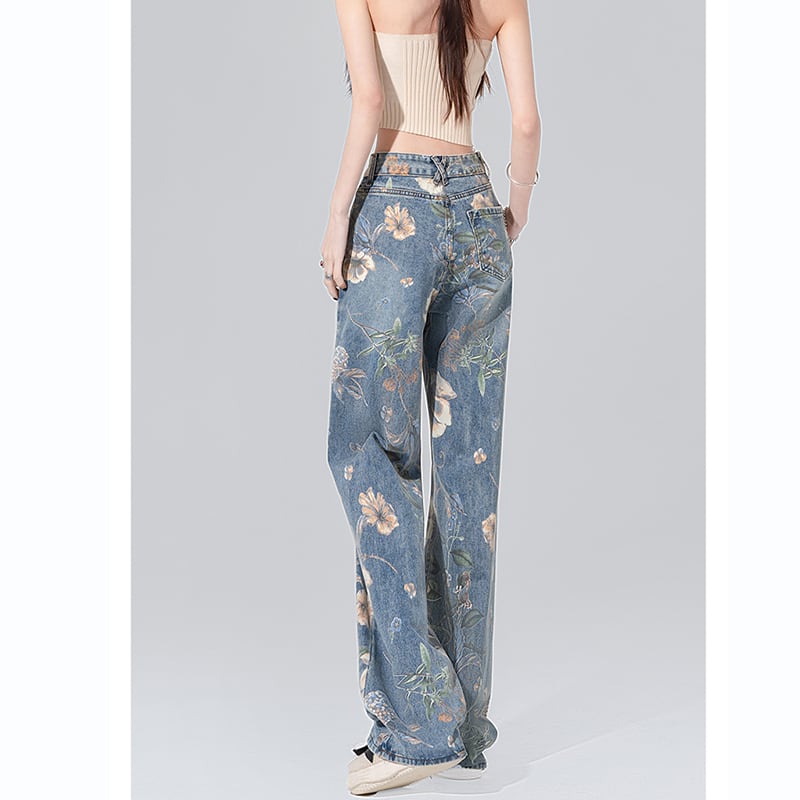 [XURU series] ★Denim pants★ Bottoms Trousers Floral pattern slimming ladies Blue Blue XS S M L XL