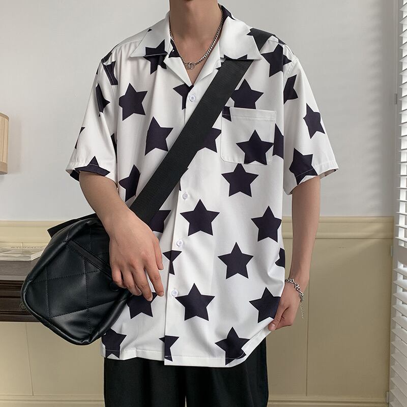 [Illustrated Series]★Shirt★ 2color Tops Star Print Fashion Unisex Men's Summer Clothes Cute Short Sleeve