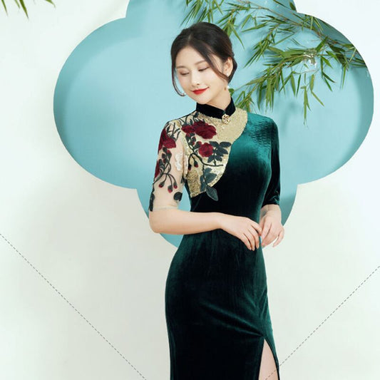 [Encounter dress series] ★Cheongsam dress★ Velvet embroidery Improves temperament Maxi length Large size Green Green