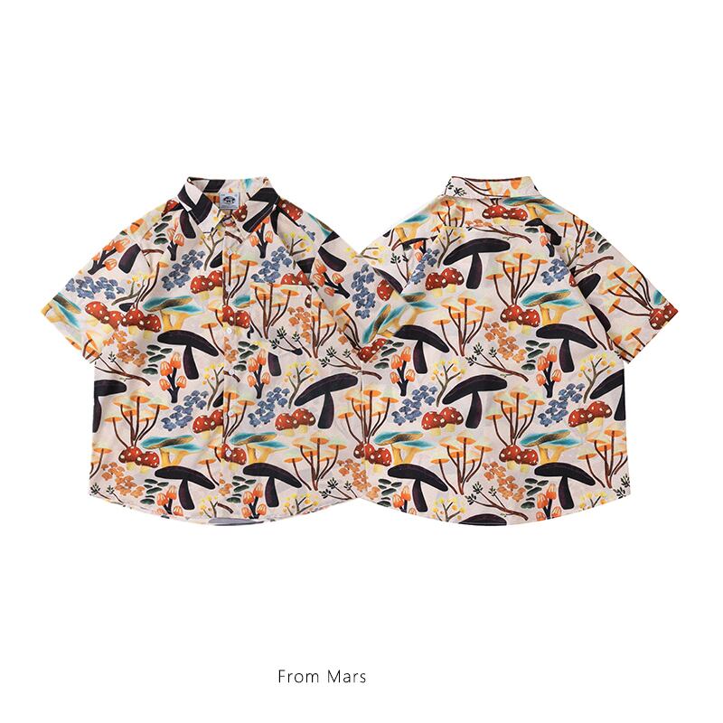 【From Marsシリーズ】★レトロ シャツ★ 男女兼用 キノコ模様 メンズ 半袖トップス 海辺 撮影 夏 M L XL 2XL