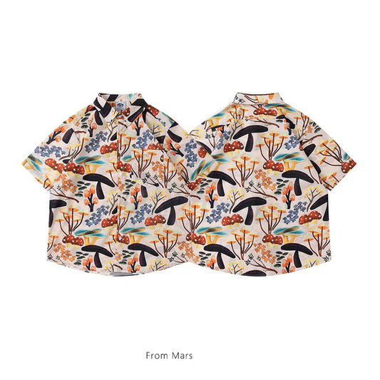 [From Mars Series]★Retro Shirt★ Unisex Mushroom Pattern Men's Short Sleeve Tops Beach Photography Summer ML XL 2XL