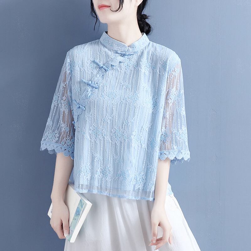 [Qing Series]★Chinese style shirt★ 4 colors lace Chinese clothes stand neck easy to match summer simple