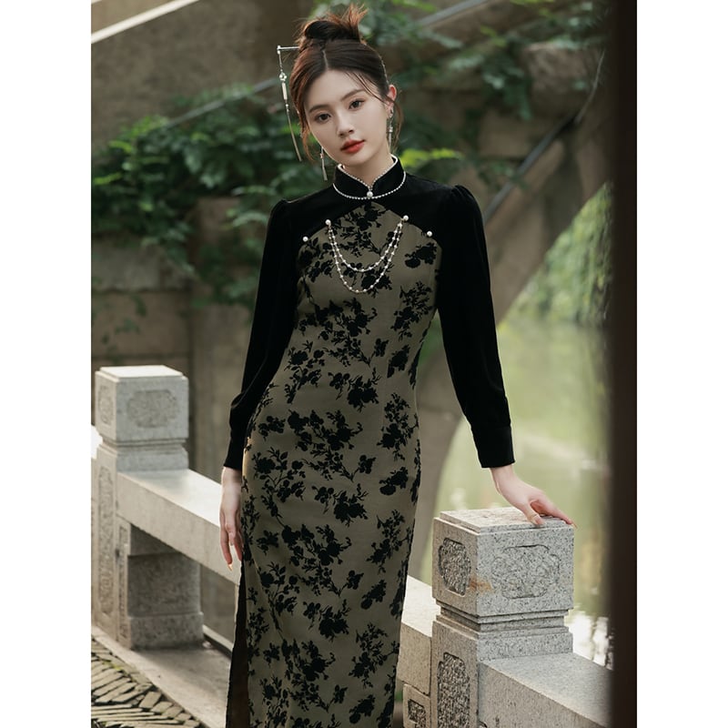 [RUYUN Series] ★Cheongsam Dress★ 2color Switching Velvet Temperament Enhancement Floral Pattern Chinese Style Dress