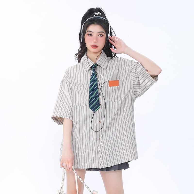 [Escaped Earth Series]★Shirt with tie★ 3color tops, short sleeve shirt, unisex, men's, vertical stripes, striped pattern, loose fit