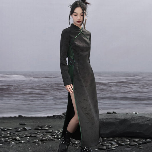 [Da Qinglong Shu Series]★Chinese style dress★ Improved Chinese dress, long sleeves, switching, long length, original, improves temperament, Chinese clothes, black