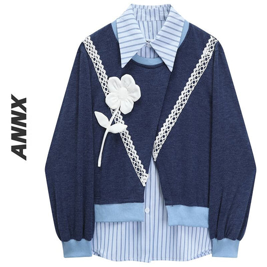 [ANNXstudio series]★Shirt★ Long sleeve shirt Shirt Tops Faux layered Fashion Vertical stripes Striped pattern