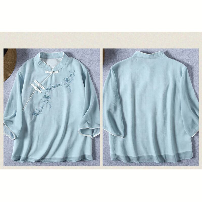 [Qing series]★China style tops★ 3color three-quarter sleeve color scheme blue white pink blue white retro literary style