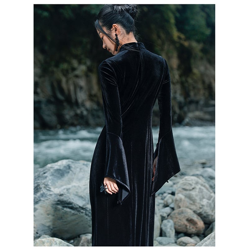 [Big Blue Dragon Series] ★China style dress★ Long length velvet sexy black slit long length