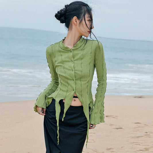 [Daiseiryusu Series] ★China style shirt★ 2color tops irregular wear thin white green white green