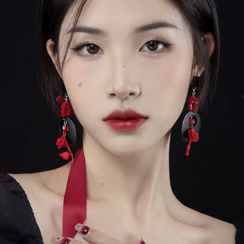 [MORE Bokuji series] ★China style earrings★ Pair earrings rose circle black red floral pattern retro