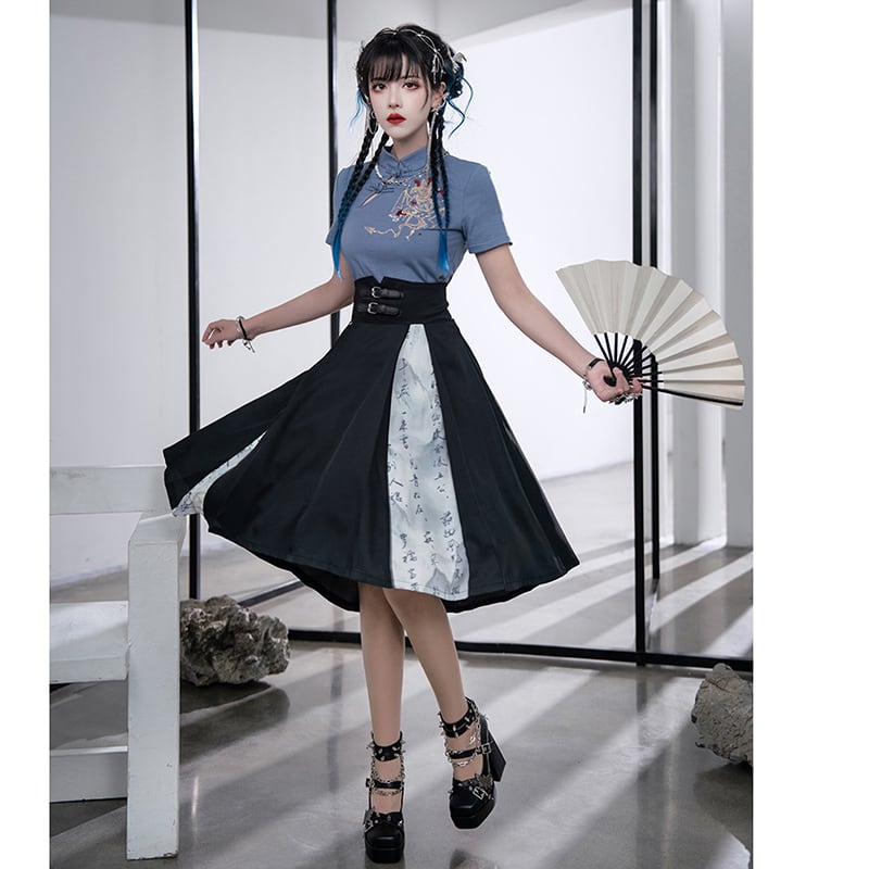 [Kyodo series]★China style skirt★Bottoms Letter pattern switching High waist Black Black S M L XL