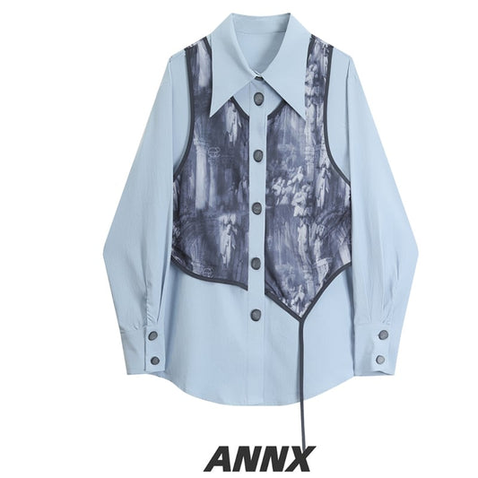 [ANNXstudio Series]★Shirt★ Long sleeve shirt tops fake layered temperament enhancement design blue