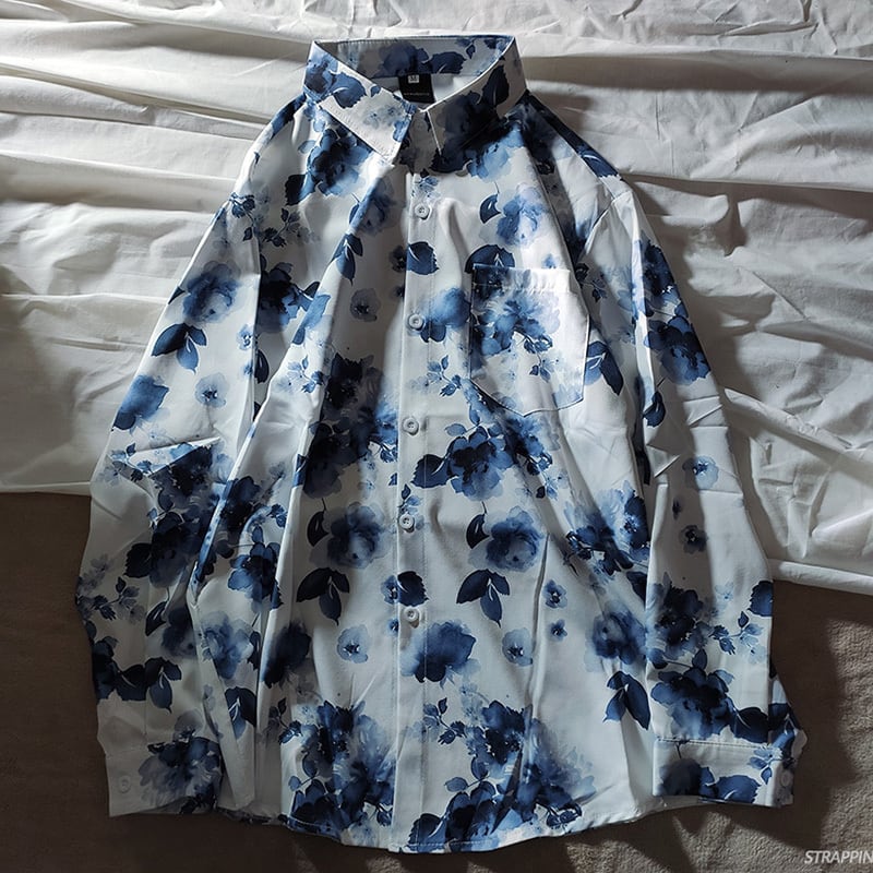 [STRAPPING Series]★Shirt★ 2color Tops Print Unisex Men's Spring Clothes Autumn Clothes Thin Floral Pattern Blue White