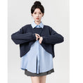 Load image into Gallery viewer, [WEIWU Series]★Tops★ Faux layered POLO neck color scheme fashion loose blue blue
