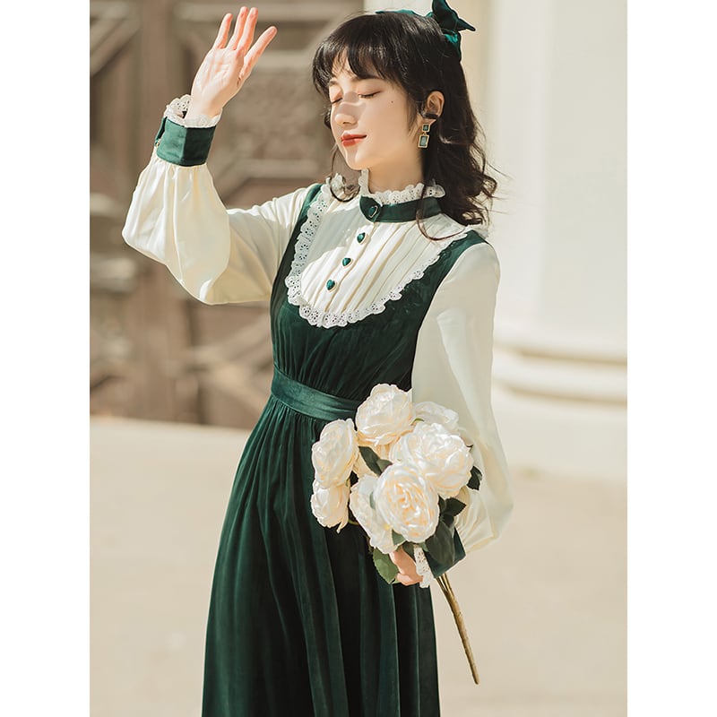 [Nan Kemu Series] ★One Piece★ Long Length Velvet Embroidery Women's Commuting Date Green Green SML XL