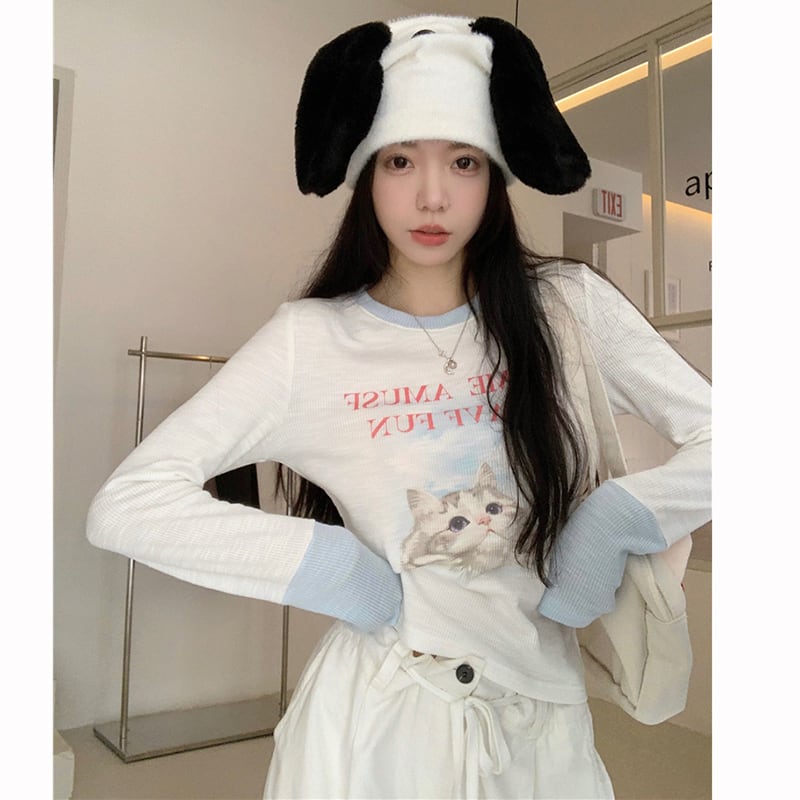 [MEIMEI Series] ★Tops★ T-shirt, long sleeve, cute, stylish, short length, cat, cat, cat