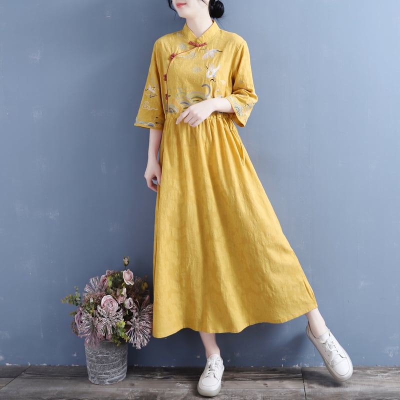 [Qing Series]★Chinese style dress★ 4 colors embroidery cotton linen white yellow blue pink literary style