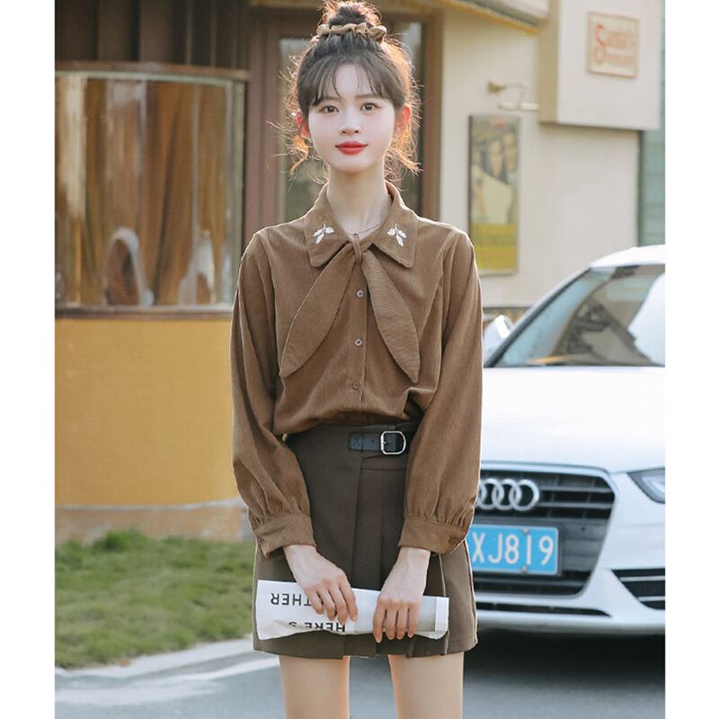 [Love Series] ★Shirt★ 2color Tops Long Sleeve Shirt Cute Embroidery Spring/Autumn Clothes Easy to Match Commuting/Dating