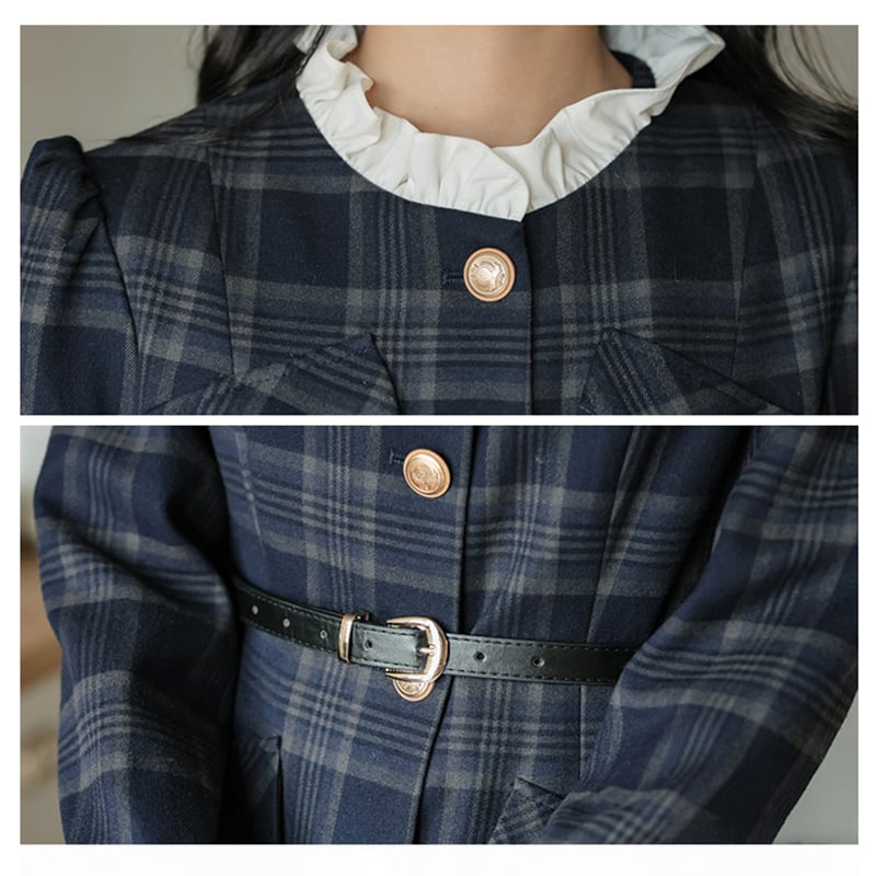 [MEIYI Series] ★One Piece★ Women's Short Length Plaid Pattern Commuting Date Office Lady Navy Improves Temperament