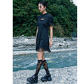 Load image into Gallery viewer, [Da Qinglong Shu Series] ★China-style dress★ Improved cheongsam dress, fringe, short length, switching black, black
