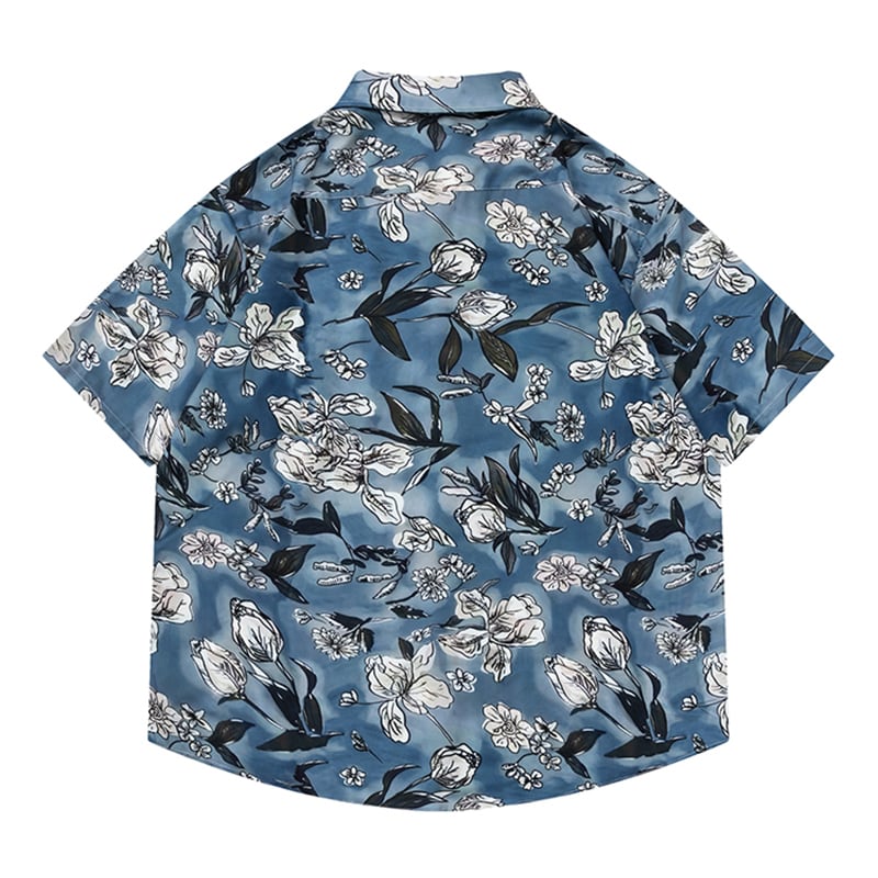 [TRAVEL ISSUANCE Series] ★Floral Pattern Shirt★ Hawaii Aloha Shirt Print Unisex Men's Blue Short Sleeve Shirt