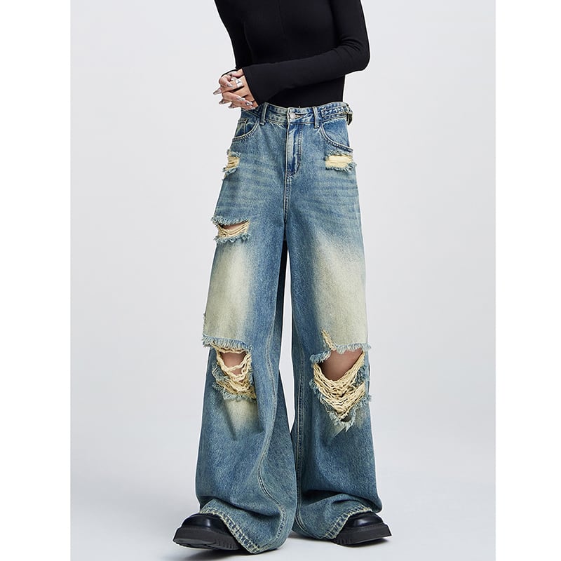 [EDX Series]★Denim Pants★ 2color Bottoms Unisex Men's Black Blue Distressed Easy to Match