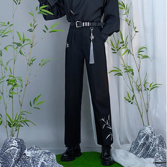 [Kuraho Koya Series]★China style trousers★Bottoms Bamboo embroidery Unisex Men's Black Black