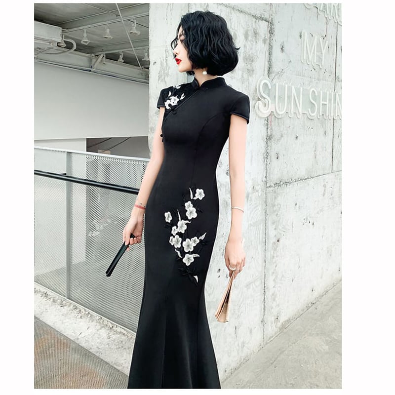 [Chouga series] ★Long length cheongsam dress★ 6 size mermaid line black