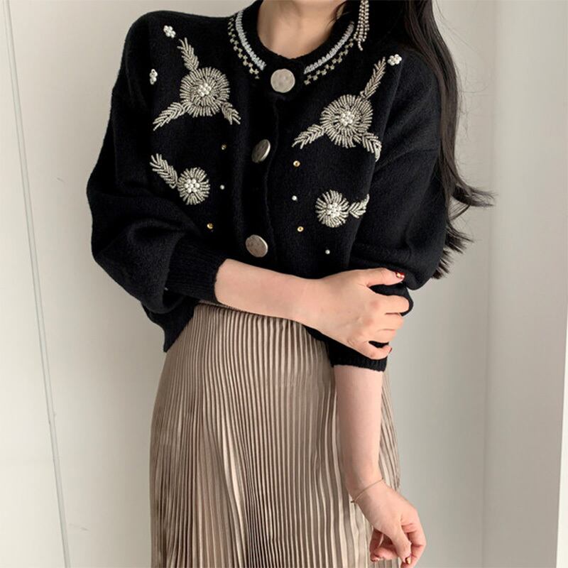 [LIANGLIANG Series]★Sweater★ 2color Cardigan Floral Pattern Women's Stylish Black White