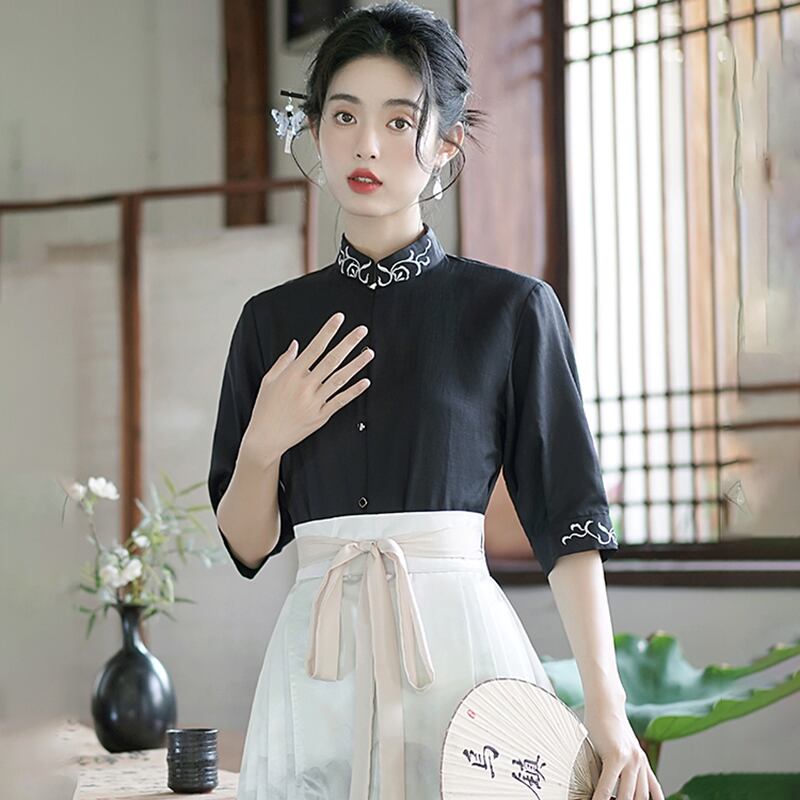 [WUJIA Series]★China Style Shirt★ Tops Short Sleeve Shirt Chinese Elements Summer Clothes Temperament Enhancement Black Black SML XL