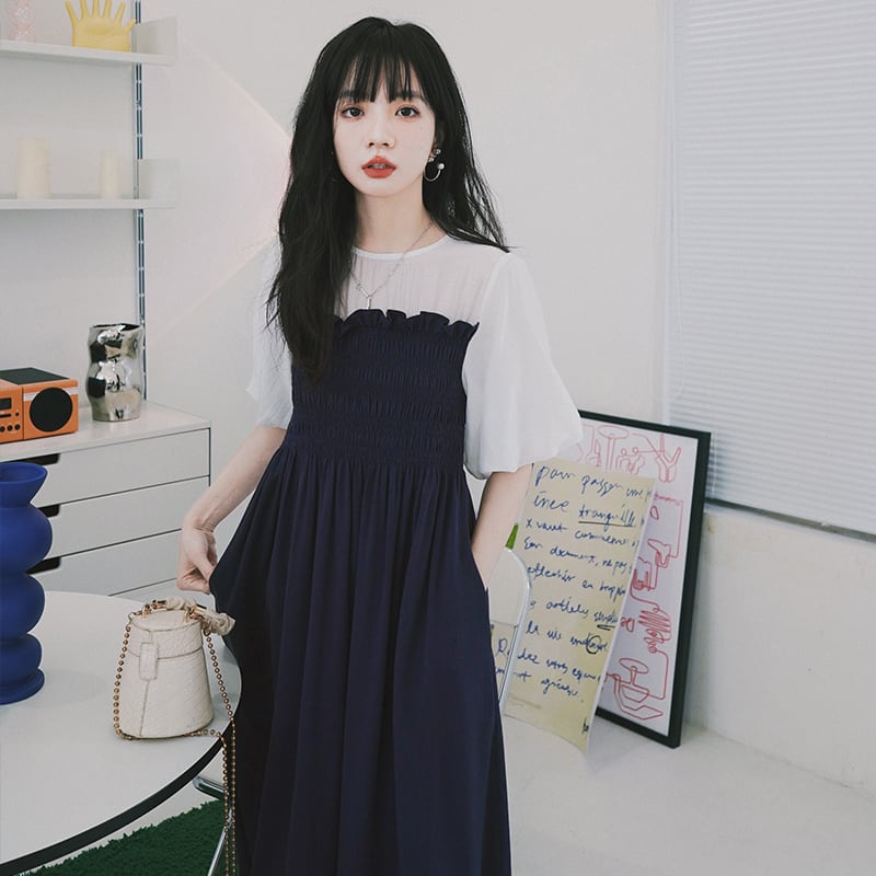 [HANXI Series] ★One Piece★ Switching Chiffon Summer Temperament Up Date Commuting OL Office Navy SML XL 2XL