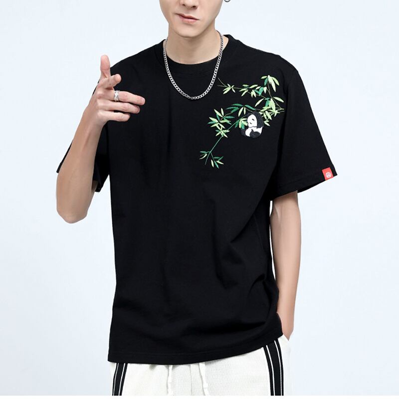 [JPYZ Series]★China style T-shirt★ Tops Unisex Men's Panda Embroidery Black Easy to match