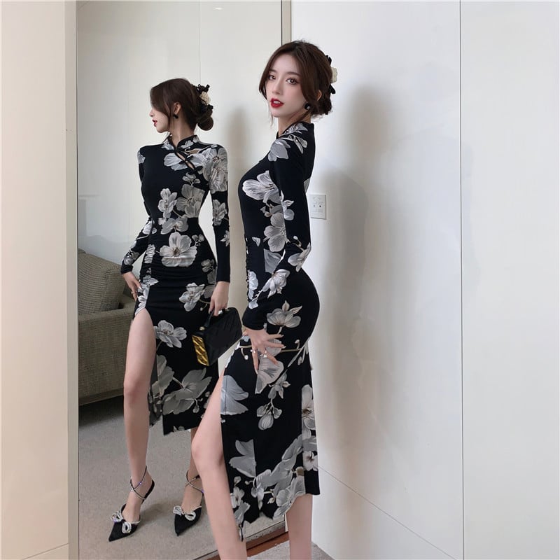 [NANA Series] ★China-style dress★ Improved cheongsam dress, sexy floral pattern, slit, long sleeves