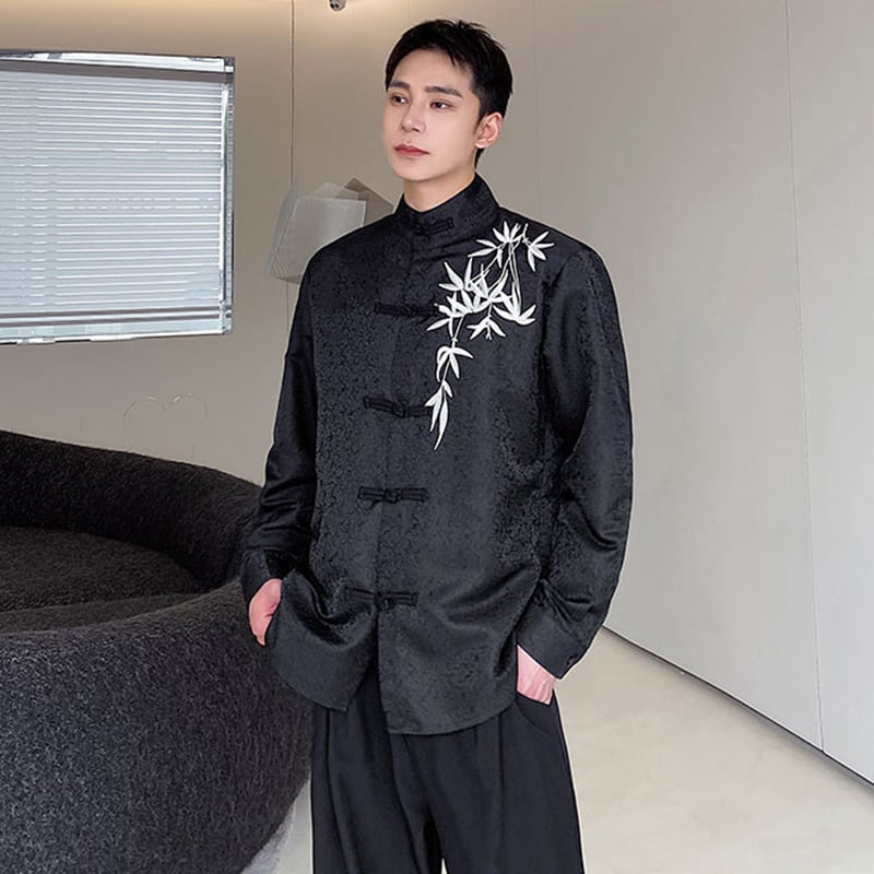 [Illustrated Series]★China Style Shirt★ Embroidery Bamboo Bamboo Embroidery Tops Long Sleeve Shirt Unisex Men's Black Black