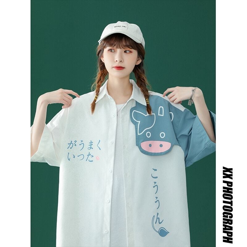 [Ushiomiomi Series]★Shirt★ 2 color tops cow short sleeve unisex cartoon cute summer loose large size