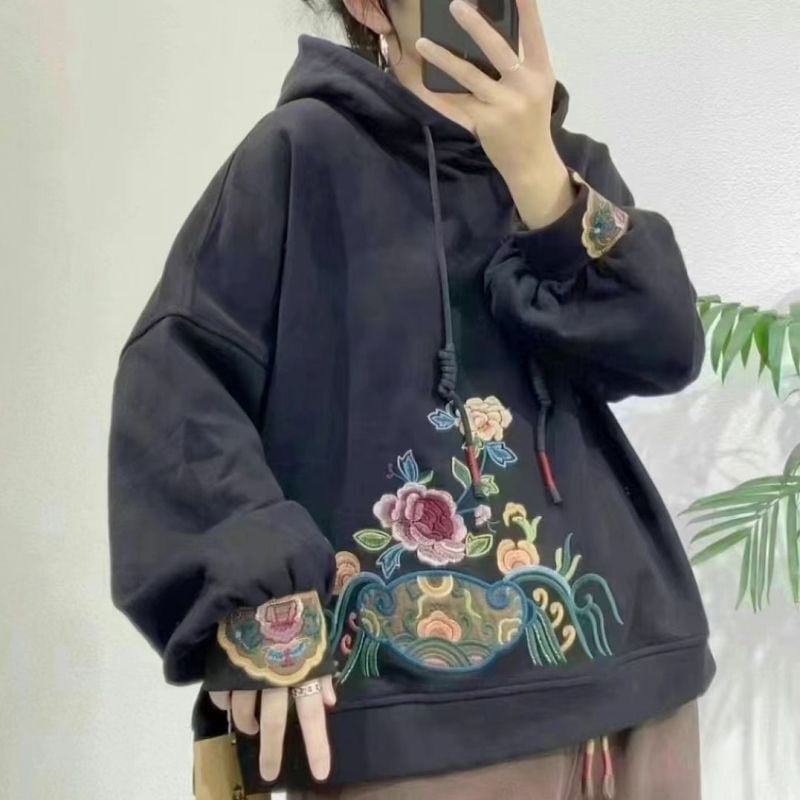 [Geibei Series]★China style hoodie★ Tops 3color brushed lining embroidery casual ethnic style