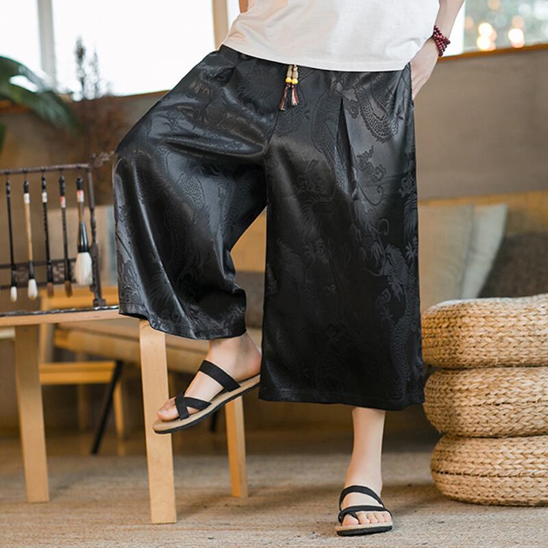 [Tsuncho Series]★China style trousers★Men's dragon crest wide pants 2color large size black white