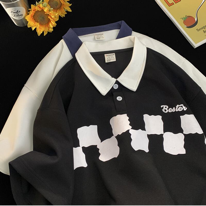 [OULUDE Series]★POLO Shirt★ Tops 3color Plaid Pattern Unisex Men's ML XL 2XL White Black Coffee Color