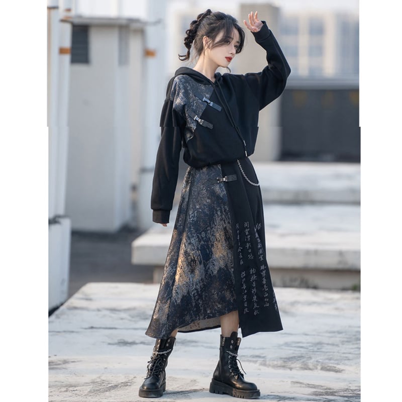 [Kyodo Series]★China style skirt★Bottoms Unisex Men's Switching Text Pattern Black Black Slit