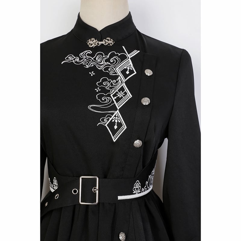 [Dust smoke and cloud dream series] ★China style dress★ With belt, long sleeves, embroidery, black, black SML, slimming, Chinese elements