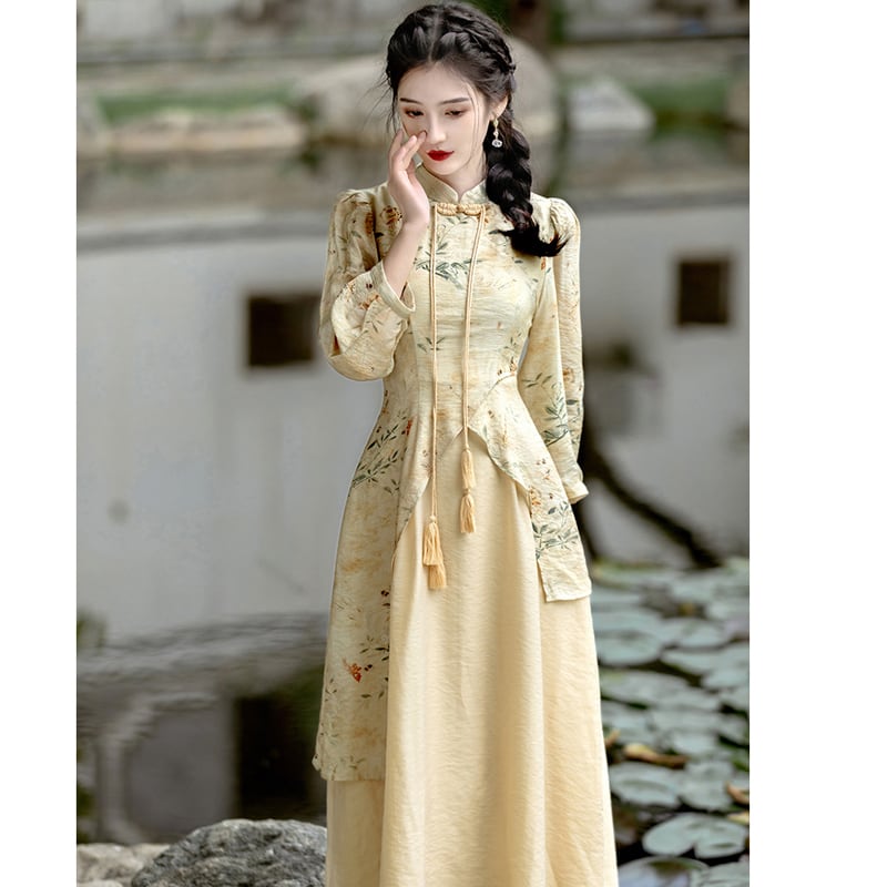 [Az Suna Series] ★Chinese style dress★ Chinese dress print switching SML XL Retro SML XL