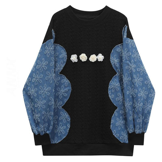 [ANNXstudio series] ★Tops★ Switching long sleeve tops 3D flowers Black Blue Black Blue Unique