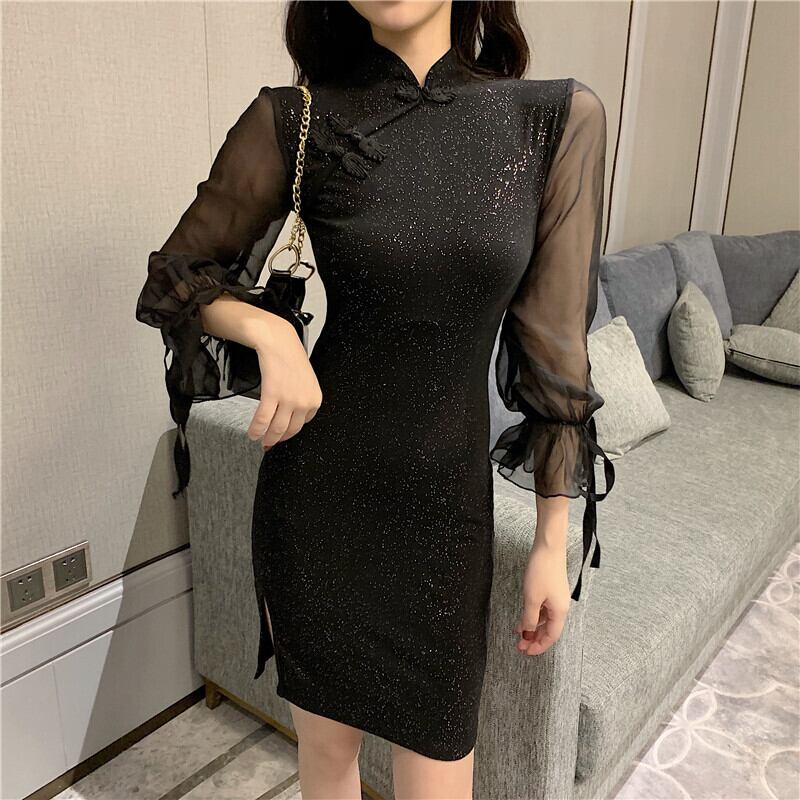 [Eighteen Impressions Series]★Cheongsam dress★ Slimming sexy black black SML short length Chinese style dress