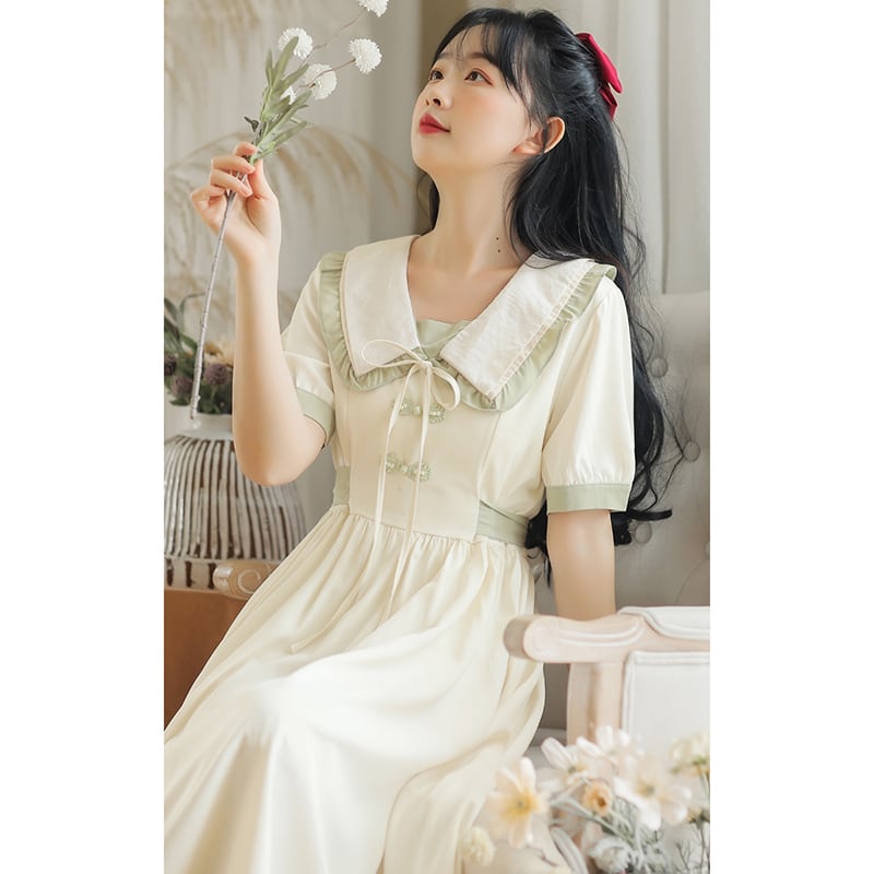 [Large Orange Series] ★China-style dress★ Improved cheongsam dress, summer clothes, cheongsam button, improves temperament, beige