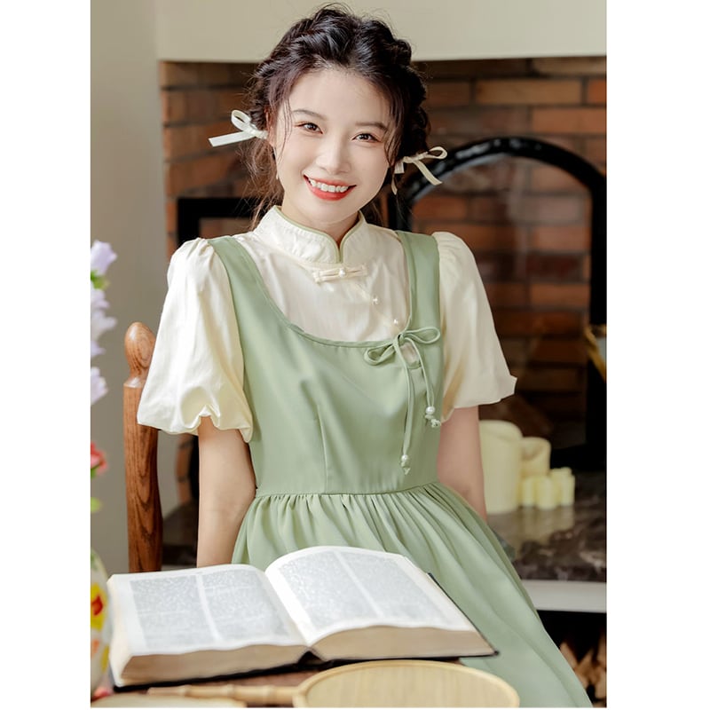 [White Moonlight Series] ★China style dress★ 2color improved cheongsam dress summer clothes fake layered black green