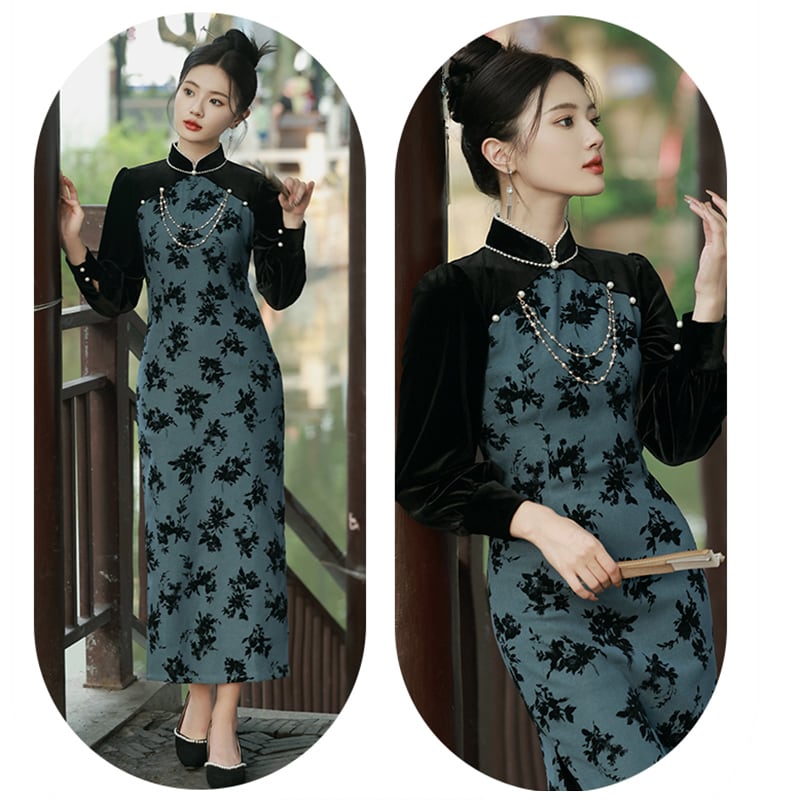 [RUYUN Series] ★Cheongsam Dress★ 2color Switching Velvet Temperament Enhancement Floral Pattern Chinese Style Dress