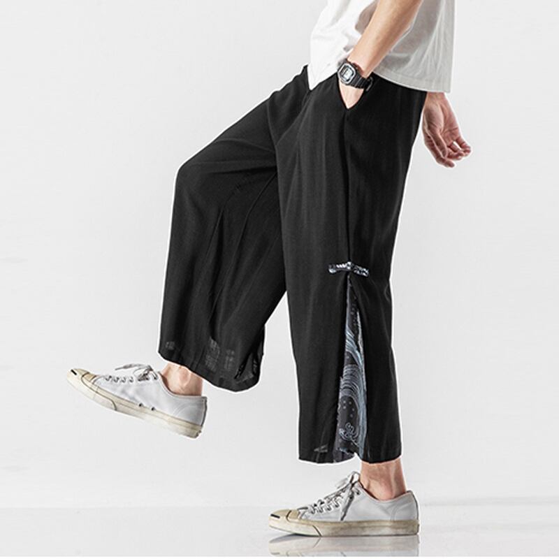 [Mowensai Series]★China style trousers★Men's 3color cotton crane print loose large size black white blue