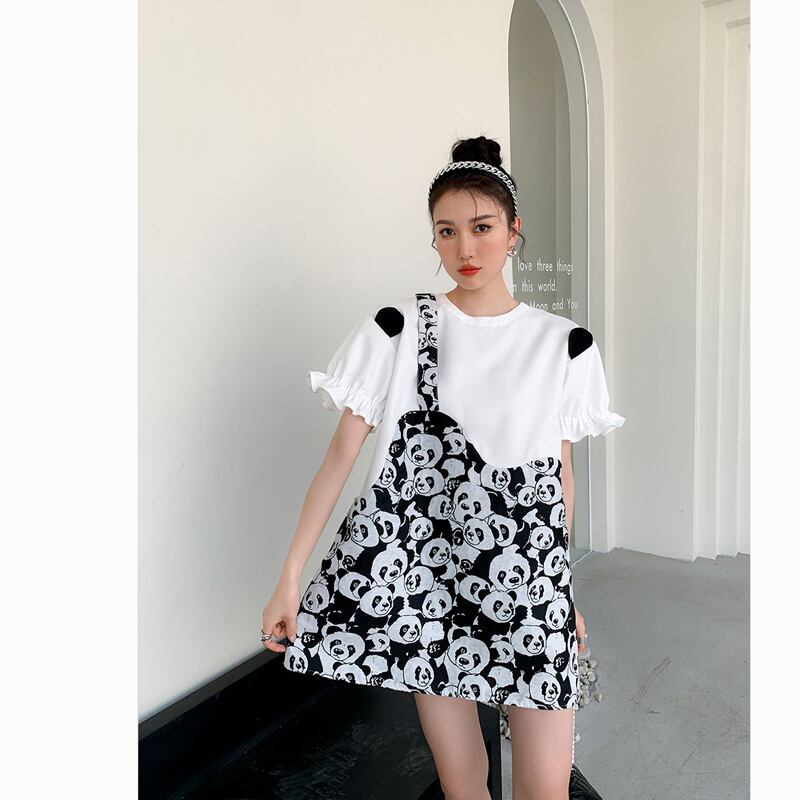 [Left Sister Series] ★One Piece★ Panda Super Cute Loose Round Neck Short Sleeve Short Length Switchable