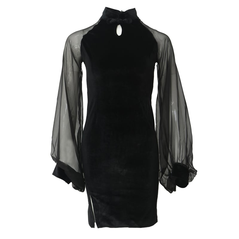 Mini Chinese Dress Velvet Chinese Clothes Long Sleeve S M L XL Black Black Cute Switching Easy to Match