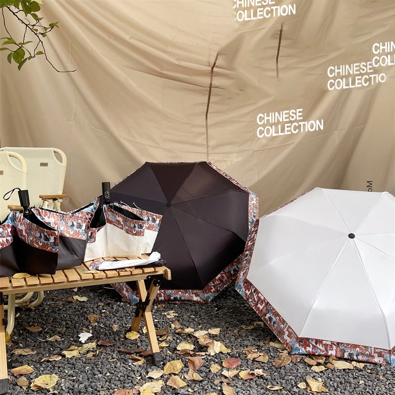 [Hin Umbrella STUDIO Series] ★China style umbrella★ Rainy &amp; sunny 2color 8 ribs dual use tri-fold umbrella manual &amp; jump rainy season rainproof soup oil painting style sun protection deer